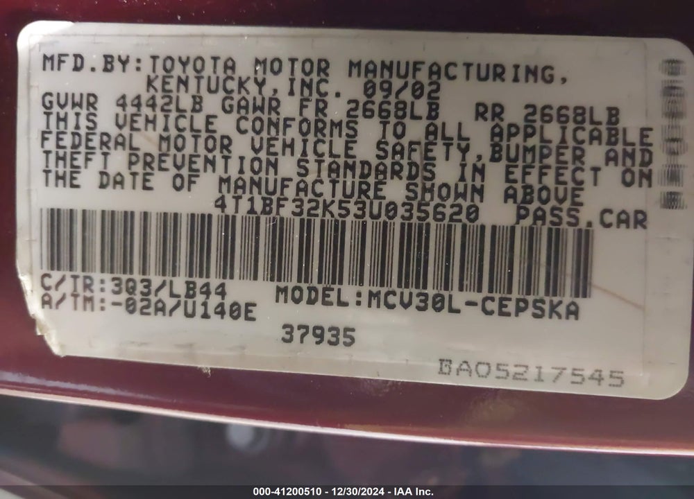2003 TOYOTA CAMRY SE V6 VIN: 4T1BF32K53U035620