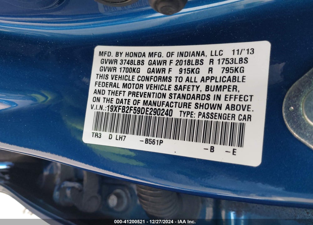 2013 HONDA CIVIC LX VIN: 19XFB2F59DE290240