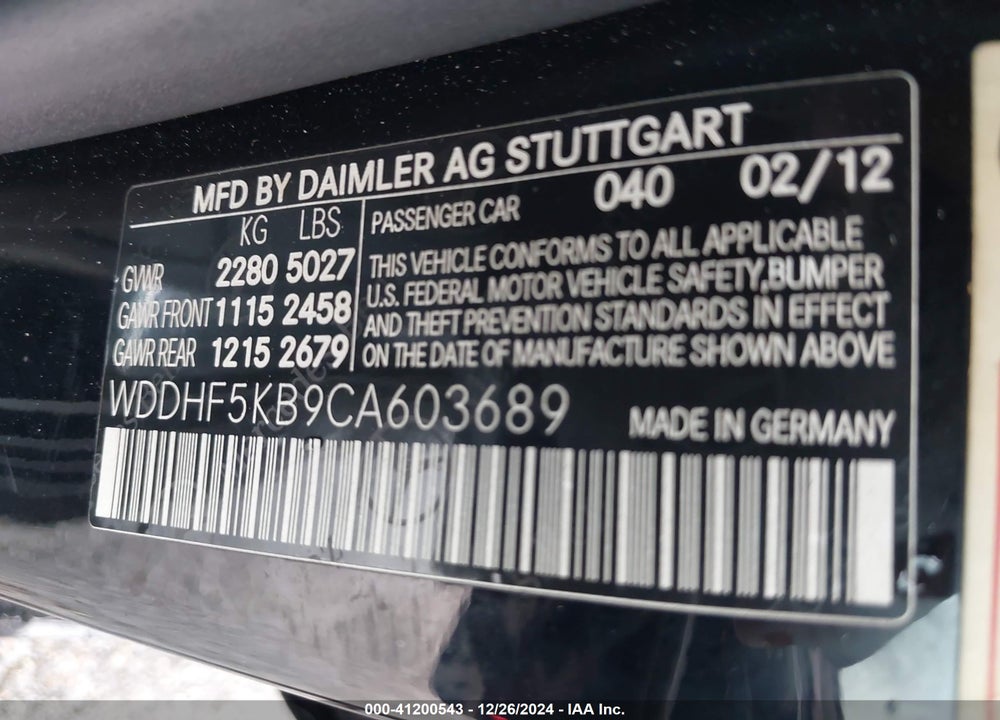 2012 MERCEDES-BENZ E 350 VIN: WDDHF5KB9CA603689
