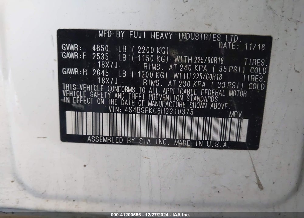 2017 SUBARU OUTBACK 3.6R LIMITED VIN: 4S4BSEKC6H3310375