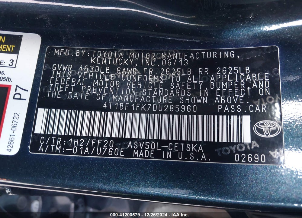 2013 TOYOTA CAMRY SE VIN: 4T1BF1FK7DU285960