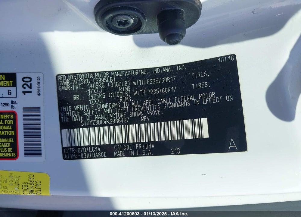 2019 TOYOTA SIENNA XLE 8 PASSENGER VIN: 5TDYZ3DC4KS986437
