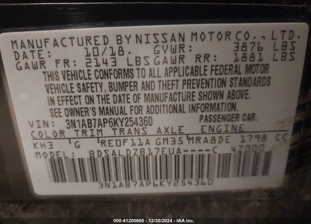 2019 NISSAN SENTRA VIN: 3N1AB7AP6KY254360