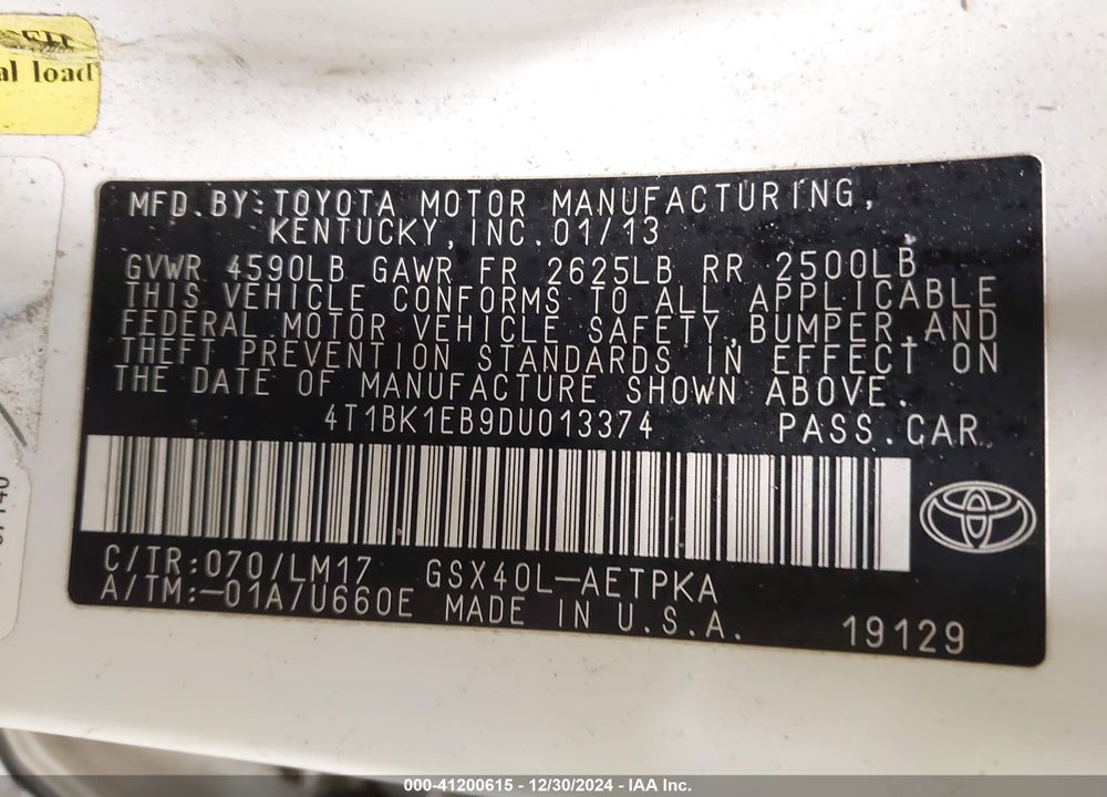 2013 TOYOTA AVALON LIMITED VIN: 4T1BK1EB9DU013374