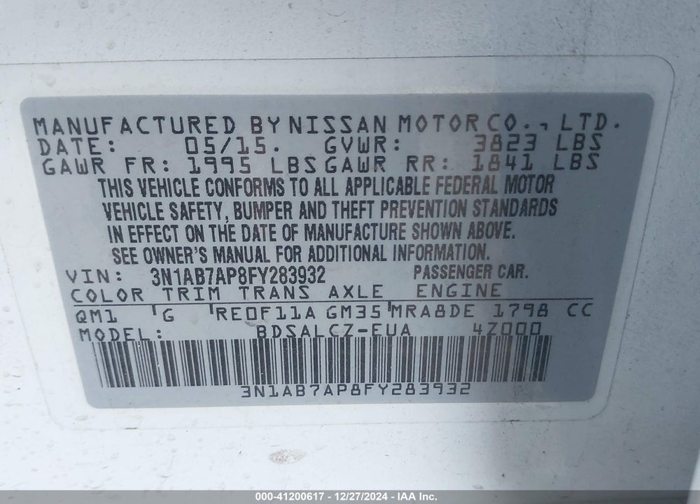 2015 NISSAN SENTRA VIN: 3N1AB7AP8FY283932