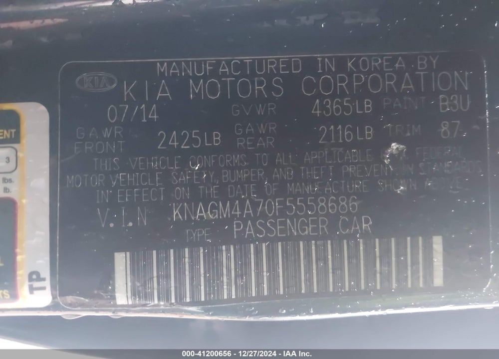 2015 KIA OPTIMA VIN: KNAGM4A70F5558686