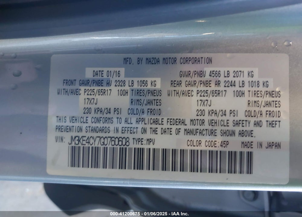 2016 MAZDA CX-5 TOURING VIN: JM3KE4CY7G0760608