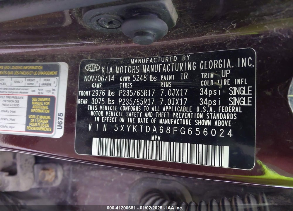 2015 KIA SORENTO LX VIN: 5XYKTDA68FG656024