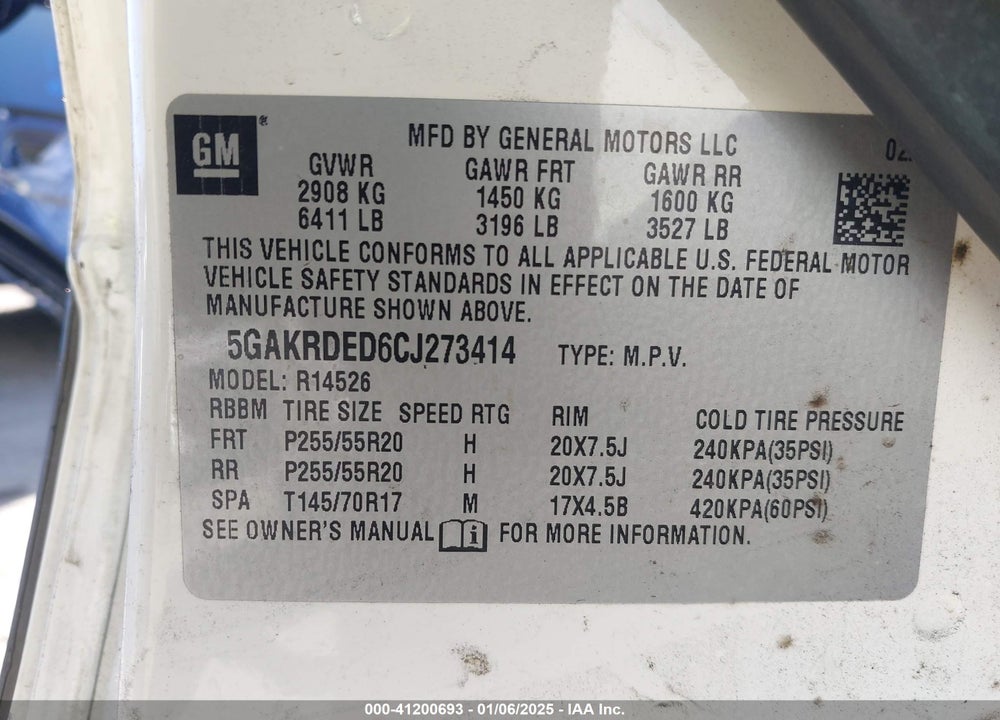 2012 BUICK ENCLAVE PREMIUM VIN: 5GAKRDED6CJ273414