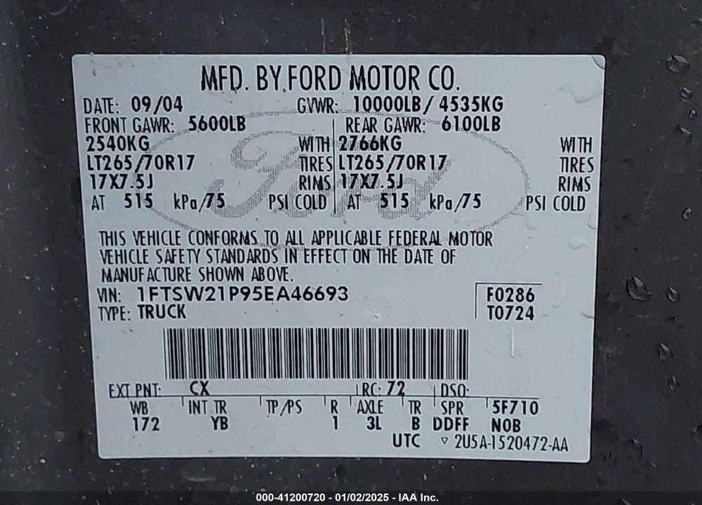 2005 FORD F-250 LARIAT/XL/XLT VIN: 1FTSW21P95EA46693