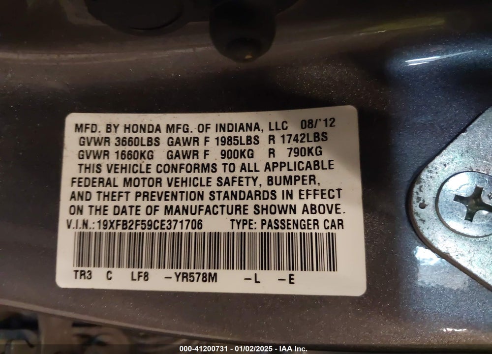 2012 HONDA CIVIC SDN LX VIN: 19XFB2F59CE371706