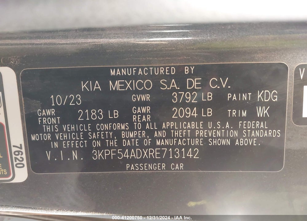 2024 KIA FORTE VIN: 3KPF54ADXRE713142