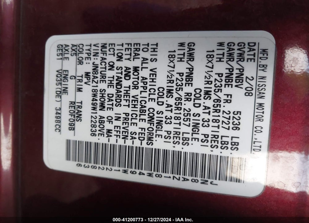 2009 NISSAN MURANO SL VIN: JN8AZ18W49W122836