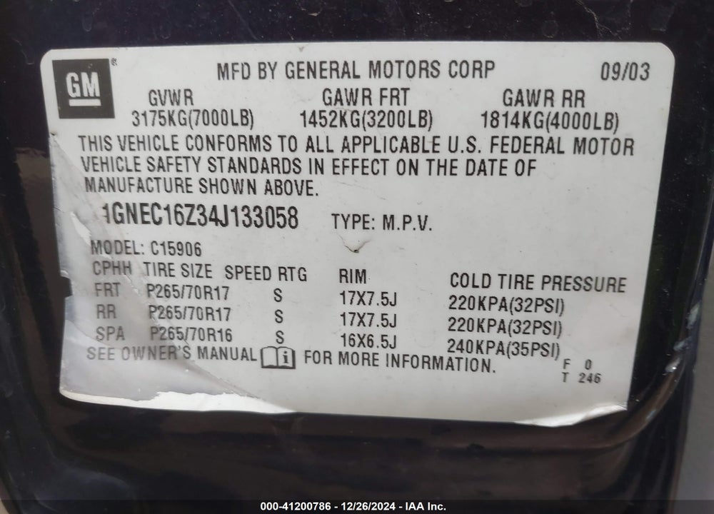 2004 CHEVROLET SUBURBAN 1500 LS VIN: 1GNEC16Z34J133058