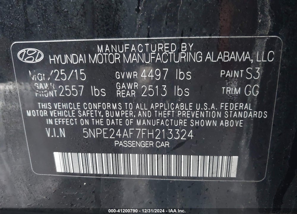 2015 HYUNDAI SONATA SE VIN: 5NPE24AF7FH213324