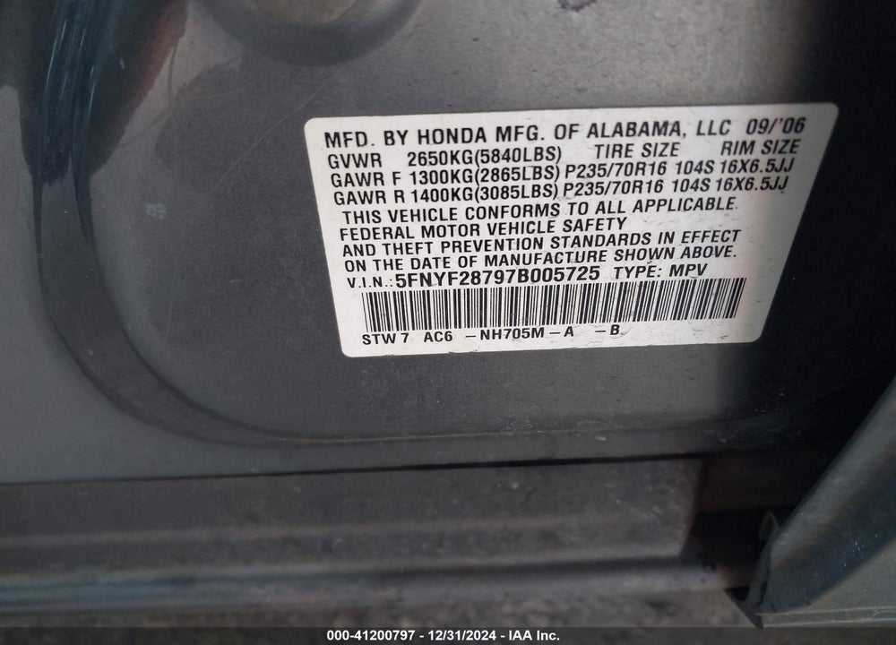 2007 HONDA PILOT EX-L VIN: 5FNYF28797B005725