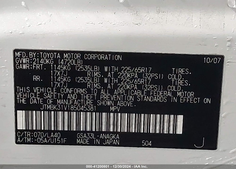 2008 TOYOTA RAV4 LIMITED V6 VIN: JTMBK31V185045381