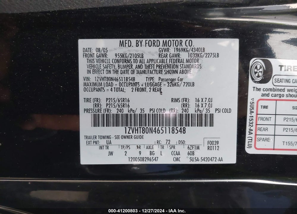 2006 FORD MUSTANG V6 VIN: 1ZVHT80N465118548