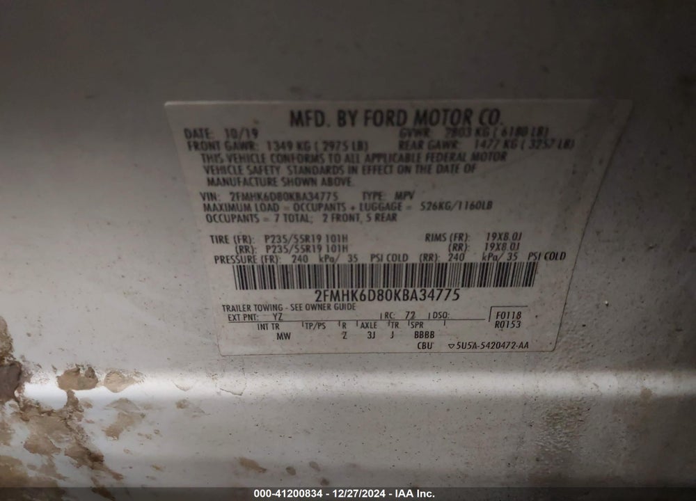 2019 FORD FLEX LIMITED VIN: 2FMHK6D80KBA34775