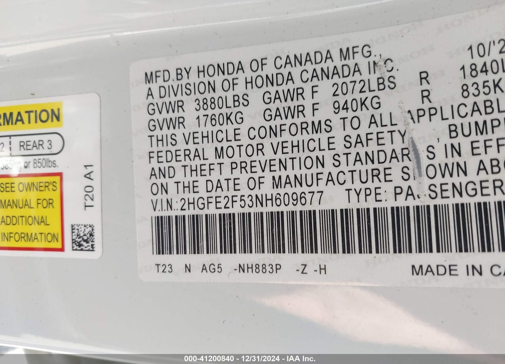 2022 HONDA CIVIC VIN: 2HGFE2F53NH609677