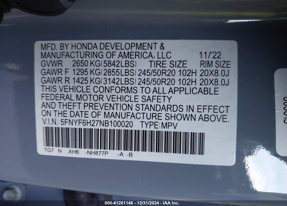 2022 HONDA PILOT AWD SPECIAL EDITION VIN: 5FNYF6H27NB100020