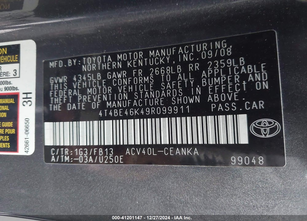 2009 TOYOTA CAMRY VIN: 4T4BE46K49R099911