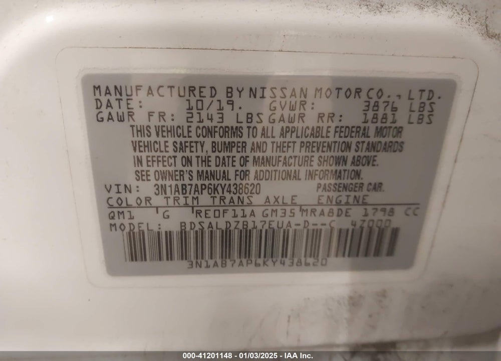 2019 NISSAN SENTRA SV VIN: 3N1AB7AP6KY438620