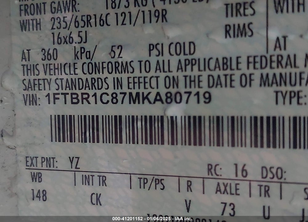 2021 FORD TRANSIT-250 VIN: 1FTBR1C87MKA80719