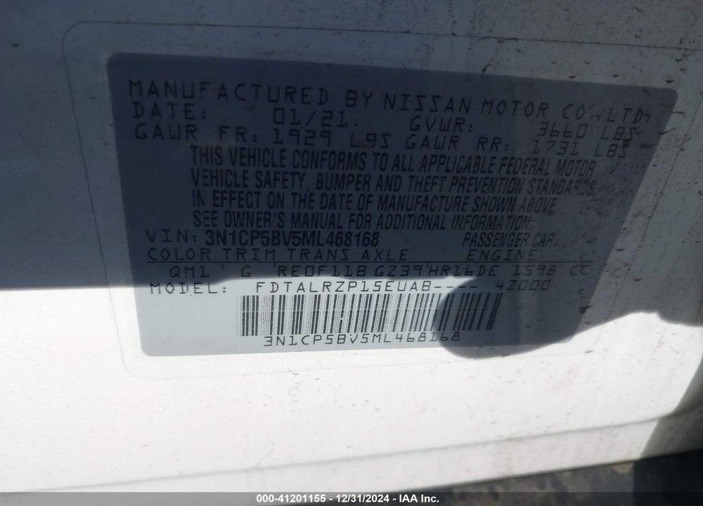 2021 NISSAN KICKS S XTRONIC CVT VIN: 3N1CP5BV5ML468168