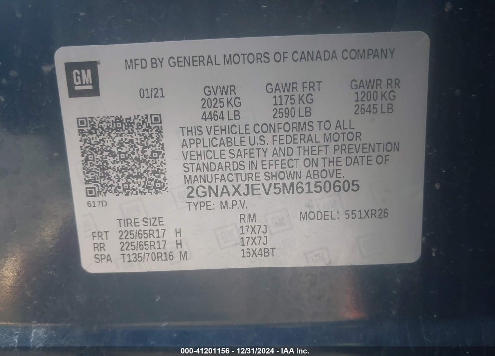 2021 CHEVROLET EQUINOX FWD 2FL VIN: 2GNAXJEV5M6150605