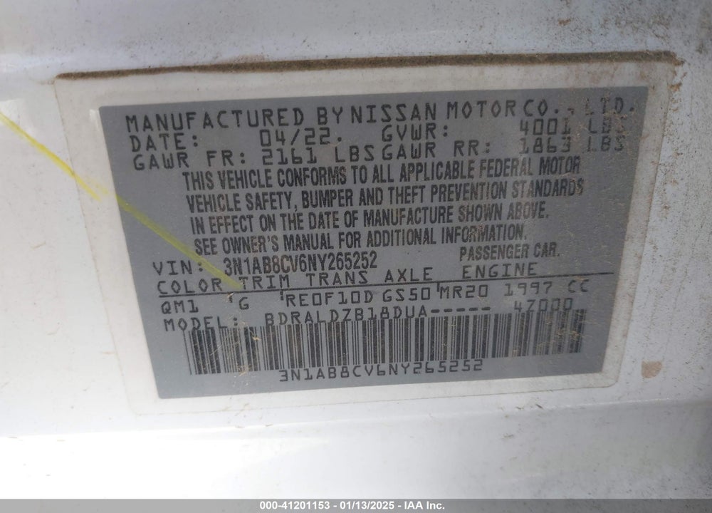 2022 NISSAN SENTRA SV XTRONIC CVT VIN: 3N1AB8CV6NY265252