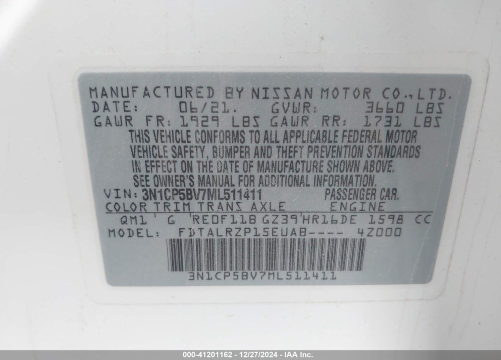2021 NISSAN KICKS S XTRONIC CVT VIN: 3N1CP5BV7ML511411