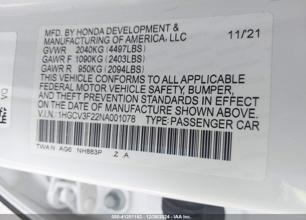 2022 HONDA ACCORD HYBRID SPORT VIN: 1HGCV3F22NA001078