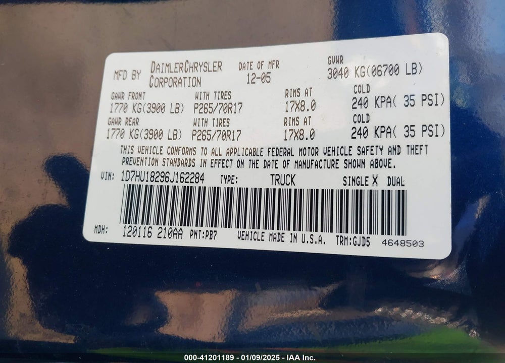 2006 DODGE RAM 1500 LARAMIE VIN: 1D7HU18296J162284
