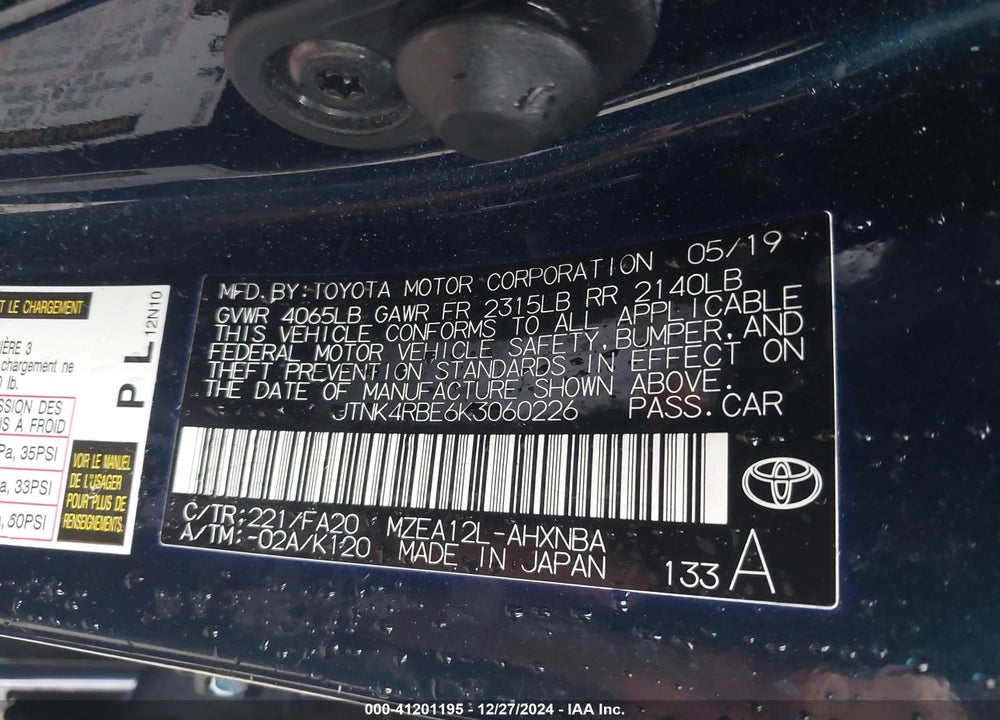 2019 TOYOTA COROLLA SE VIN: JTNK4RBE6K3060226