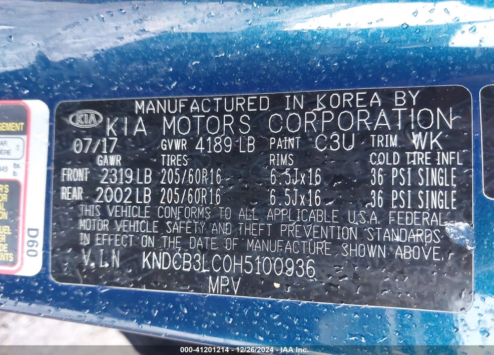 2017 KIA NIRO LX VIN: KNDCB3LC0H5100936