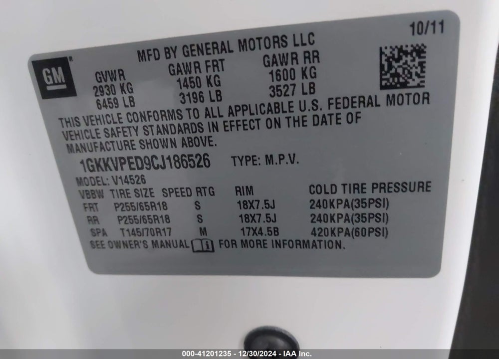 2012 GMC ACADIA SLE VIN: 1GKKVPED9CJ186526