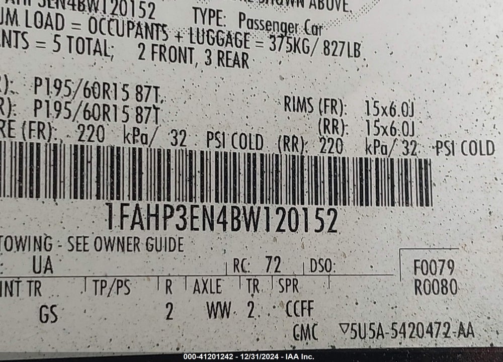 2011 FORD FOCUS S VIN: 1FAHP3EN4BW120152