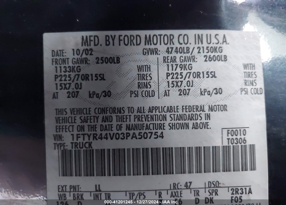 2003 FORD RANGER EDGE/TREMOR/XLT VIN: 1FTYR44V03PA50754