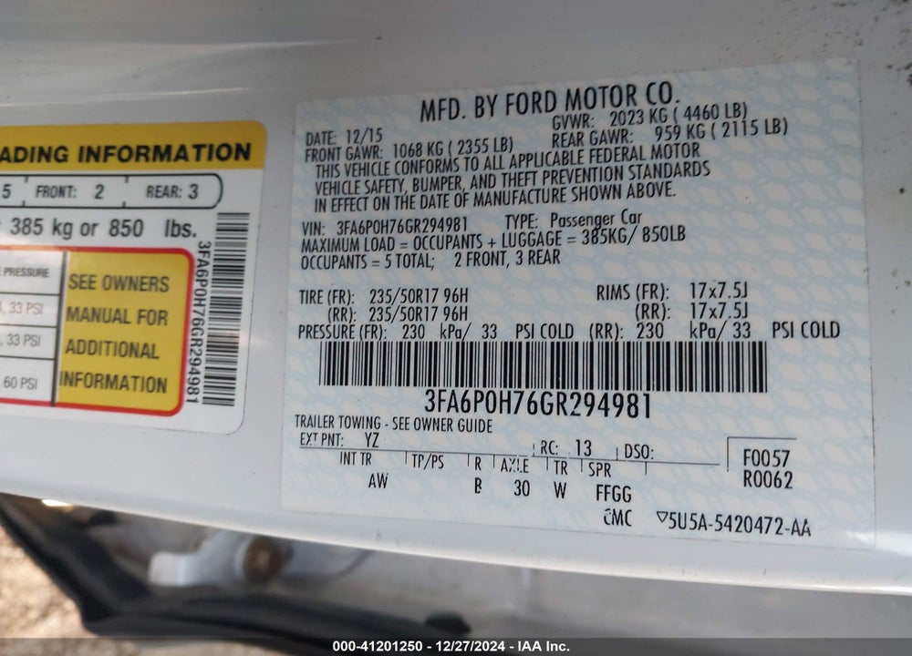 2016 FORD FUSION VIN: 3FA6P0H76GR294981