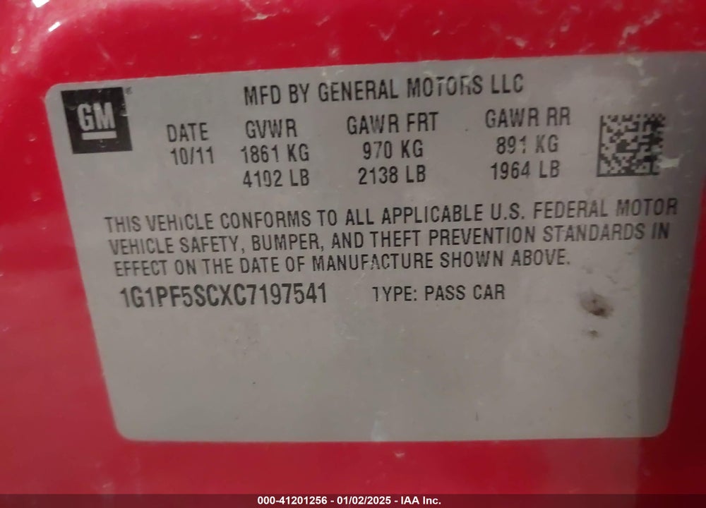 2012 CHEVROLET CRUZE 1LT VIN: 1G1PF5SCXC7197541