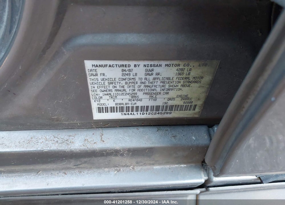 2002 NISSAN ALTIMA 2.5 S VIN: 1N4AL11D12C245299
