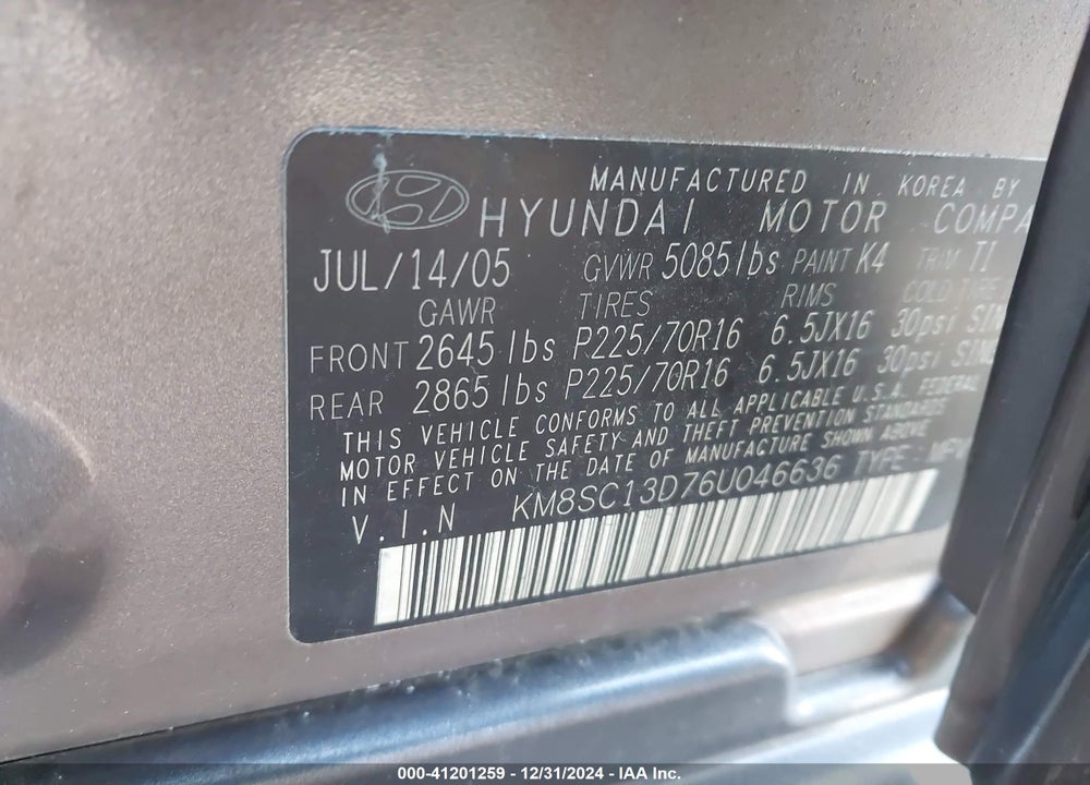 2006 HYUNDAI SANTA FE VIN: KM8SC13D76U046636