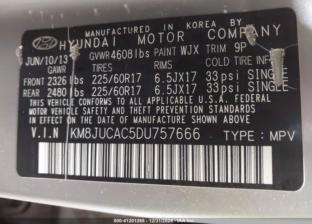 2013 HYUNDAI TUCSON GLS VIN: KM8JUCAC5DU757666