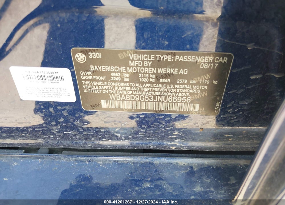 2018 BMW 330I VIN: WBA8D9G53JNU66956