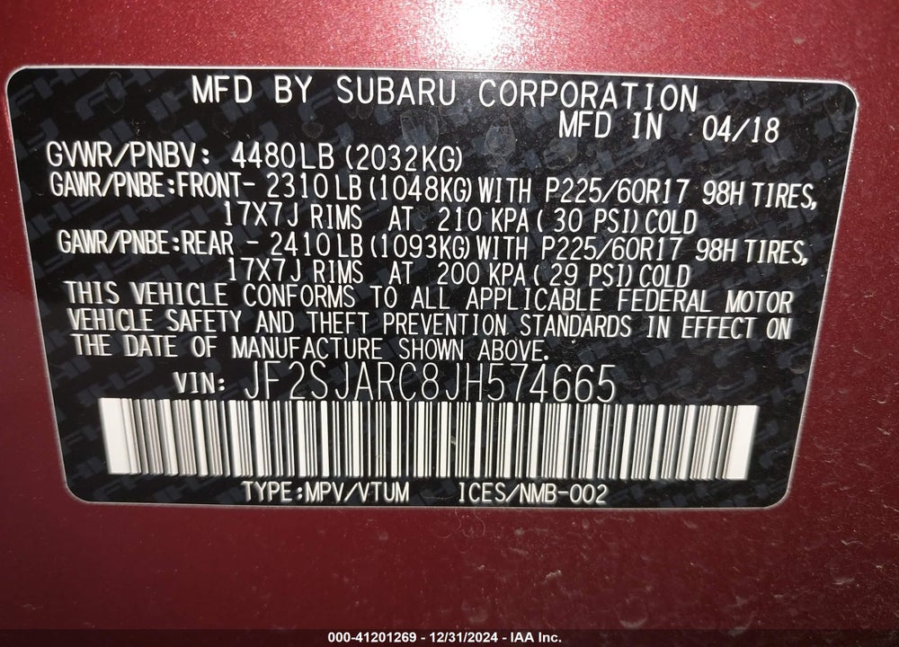 2018 SUBARU FORESTER 2.5I LIMITED VIN: JF2SJARC8JH574665
