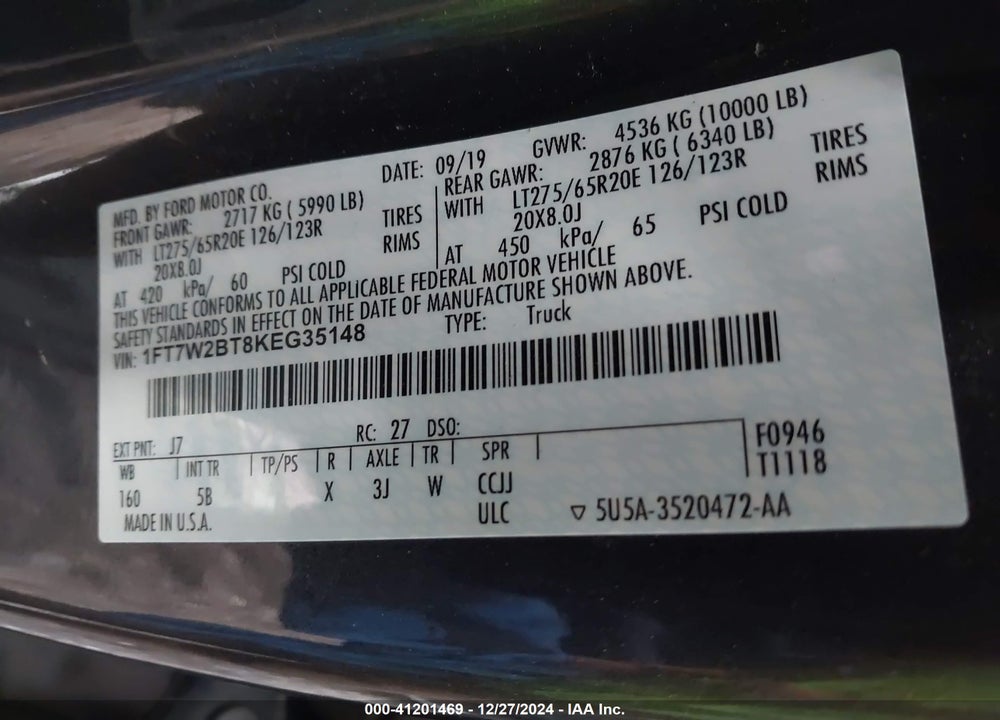 2019 FORD F-250 VIN: 1FT7W2BT8KEG35148