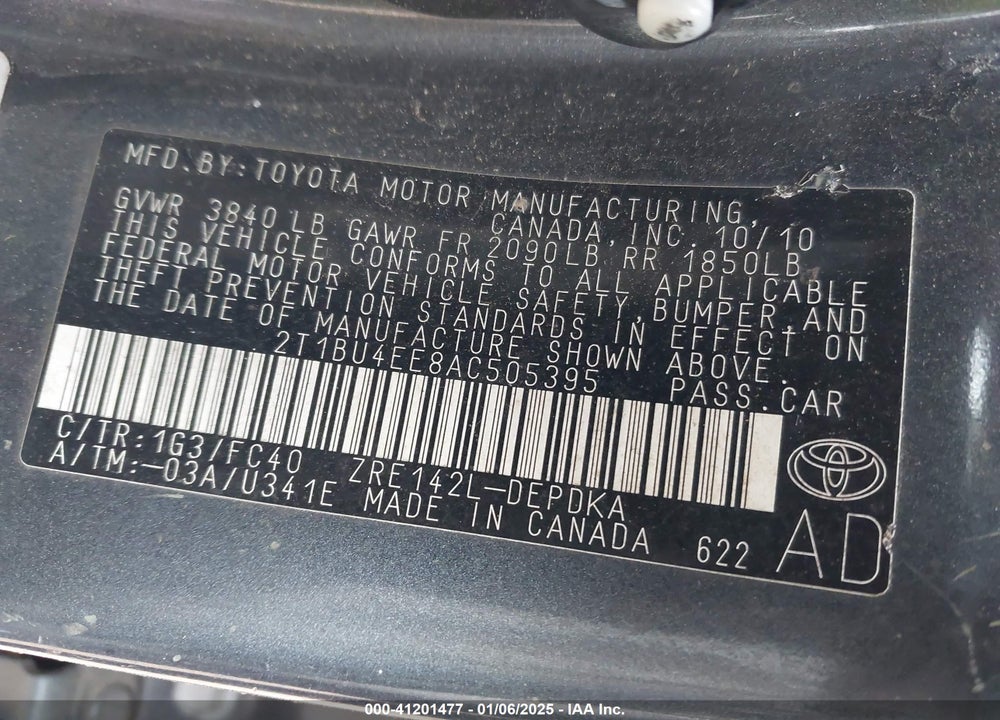 2010 TOYOTA COROLLA VIN: 2T1BU4EE8AC505395