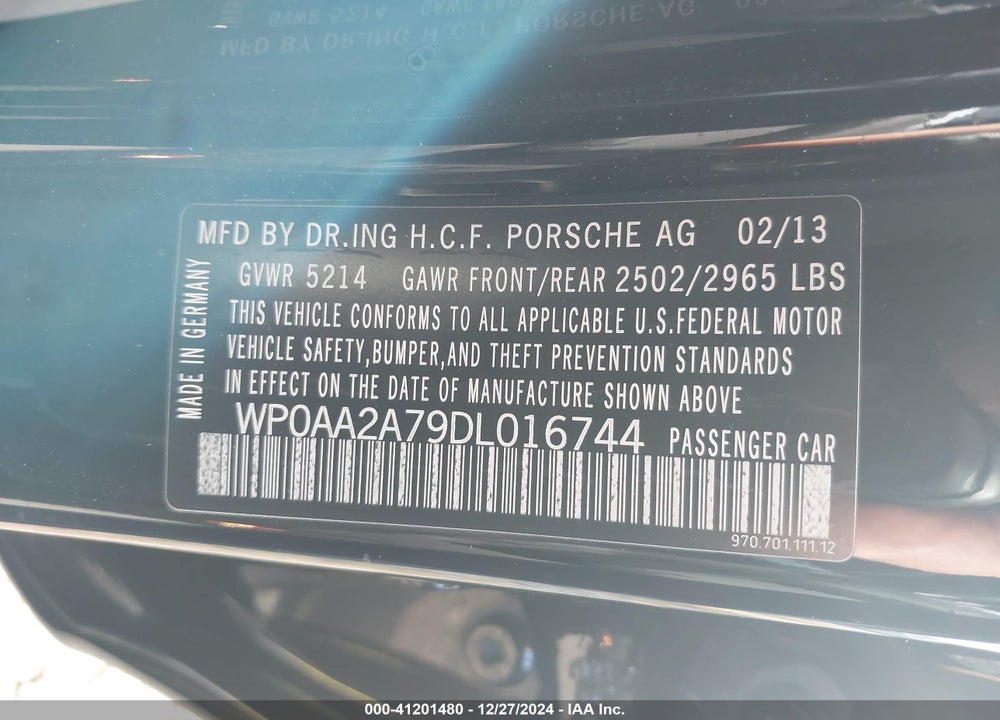 2013 PORSCHE PANAMERA 4 VIN: WP0AA2A79DL016744