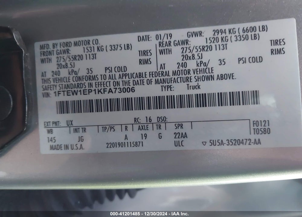 2019 FORD F-150 XL VIN: 1FTEW1EP1KFA73006